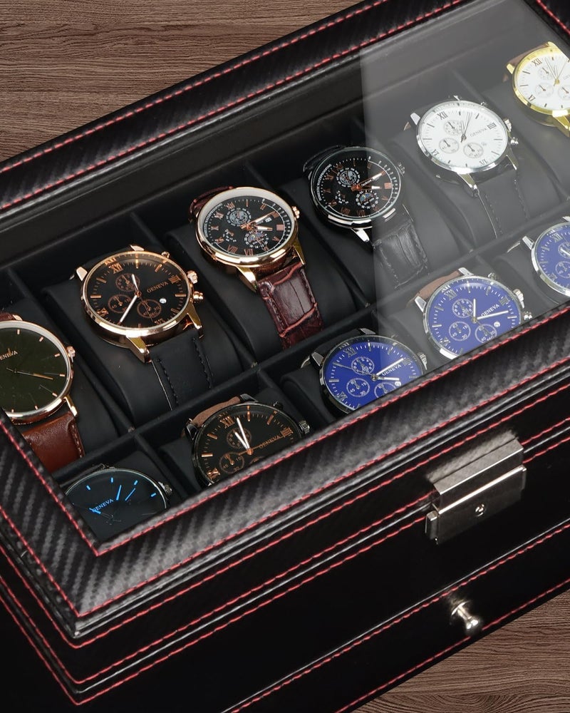 Jenseits 12 Slot Watch Case,2 Layers Watch Box Organizer with Large Glass Lid, Lockable Leather Watch Holder Display Case Storage with Jewelry Organizer Holder Drawer, Ideal Gift for Men Women, Black - Image 4
